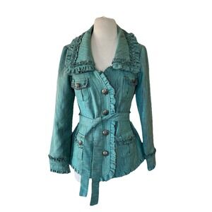 Nick & Mo Ruffle Tweed Jacket Sz Green Brown Boho, Gypsy Grunge Phoebe Buffet